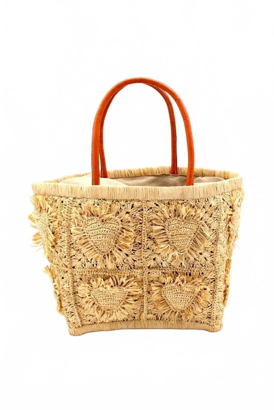 NEW SHEBOBO women's hearts crochet straw basket bag with fringed heart pattern i